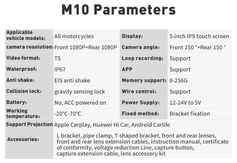 M10 Motorcycle dashcam mobile phone wireless screen carplay tire pressure monitoring