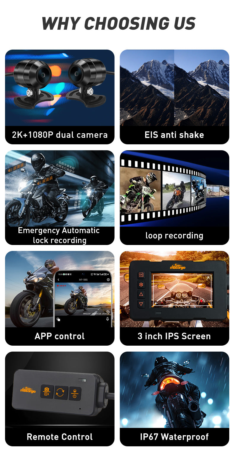 M7Motorcycle riding video recorder HD EIS stabilization 2K+1080P GPS compass altitude speed displya