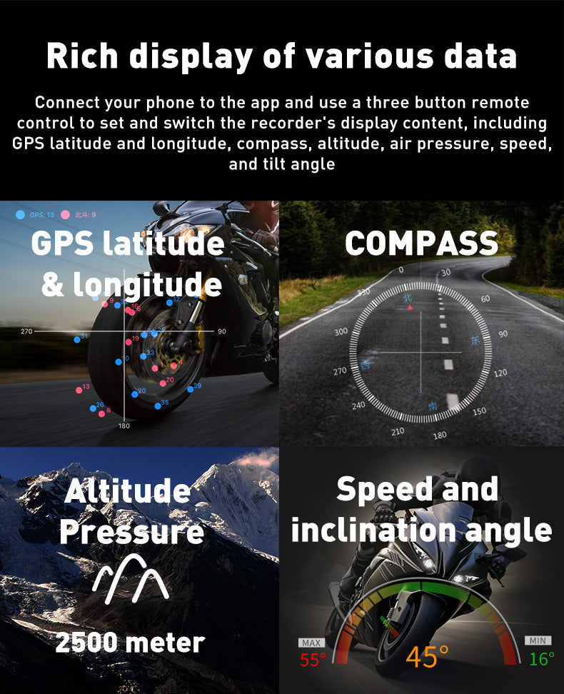 M7Motorcycle riding video recorder HD EIS stabilization 2K+1080P GPS compass altitude speed displya